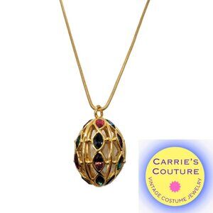 Vintage Signed Napier Goldtone Jewel Tone Rhinestones Pendant Necklace